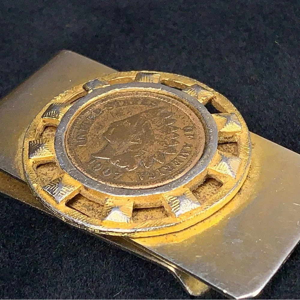 Vintage 1907 Indian Head Penny Silver Gold Tone Money Clip Men Gift Western